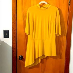 Mock neck asymmetrical mustard yellow blouse